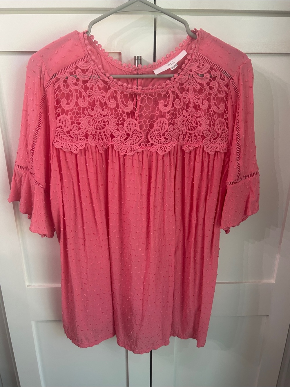 Moda Coral Pink Crochet Yoke Tunic Top